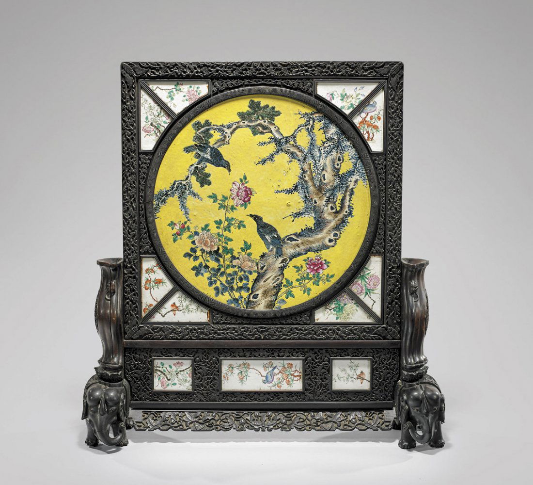 ANTIQUE PORCELAIN-INSET HARDWOOD TABLESCREEN (1 of 1)