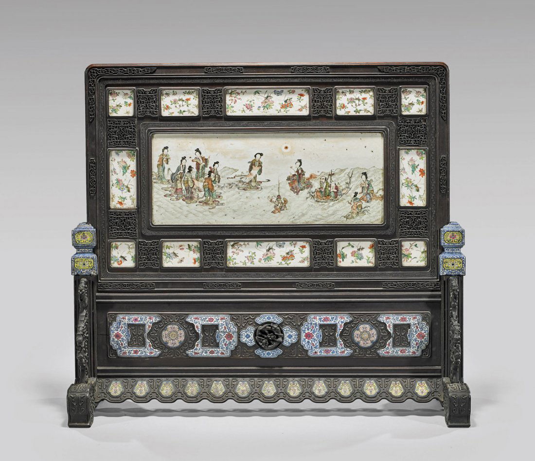 ANTIQUE PORCELAIN-INSET HARDWOOD TABLESCREEN (1 of 1)
