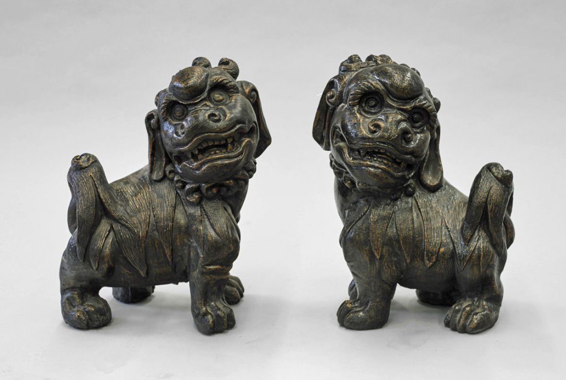 Pair of Gilt Garden Statues: Lions: Pair of large and very heavy, Chinese lion statues; each standing four-square in animated pose; Provenance: The Engel Collection, Albuquerque, NM; H: 20" (each, approx.)