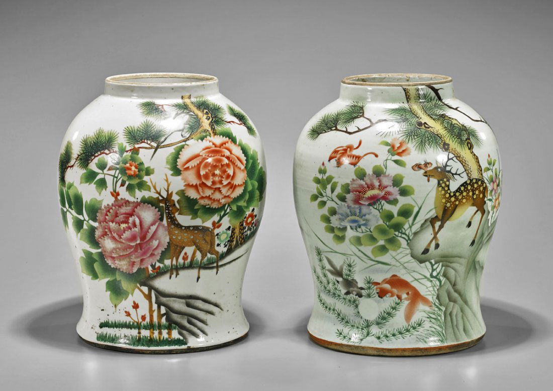 Pair Chinese Enameled Porcelain Jars: Deer, Bats & (1 of 3)