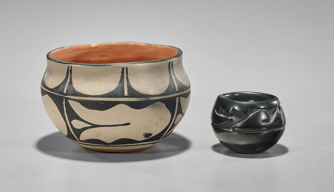 Two Native American Pottery Bowls: Santa Clara & Santo: Two Native American pottery bowls: Santa Clara Pueblo blackware with carved designs, signed Mary Cain to base; together with Santo Domingo Pueblo bowl, with black painted designs on cream slip, signed