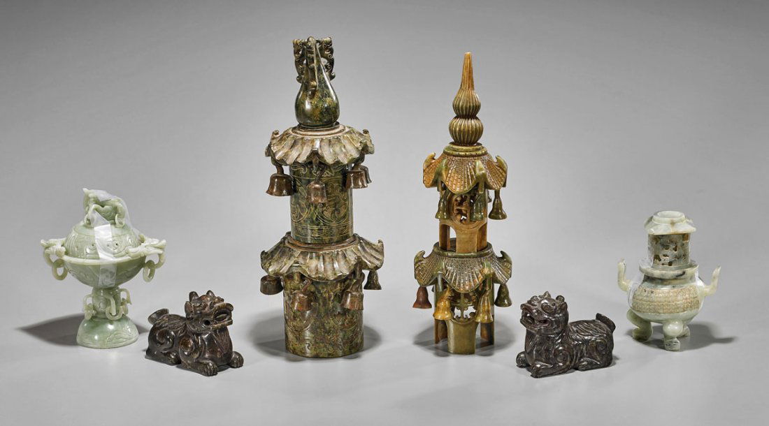 Six Chinese Carved Items: Pagodas, Censers & Lions (1 of 1)