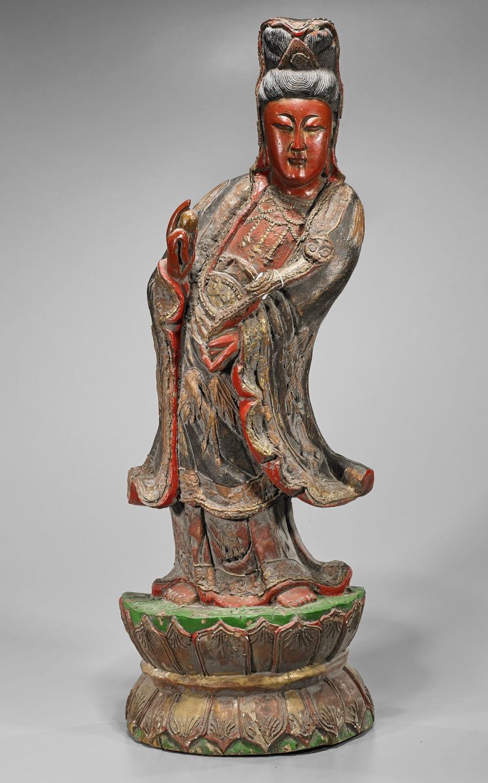 Tall Antique Chinese Lacquered Wood Guanyin: Tall and antique Chinese gilt and lacquered wood figure of Guanyin; standing atop a double lotus base, holding a ruyi scepter; Provenance: Estate of Beatrice Schwartz; H: 39 1/4"