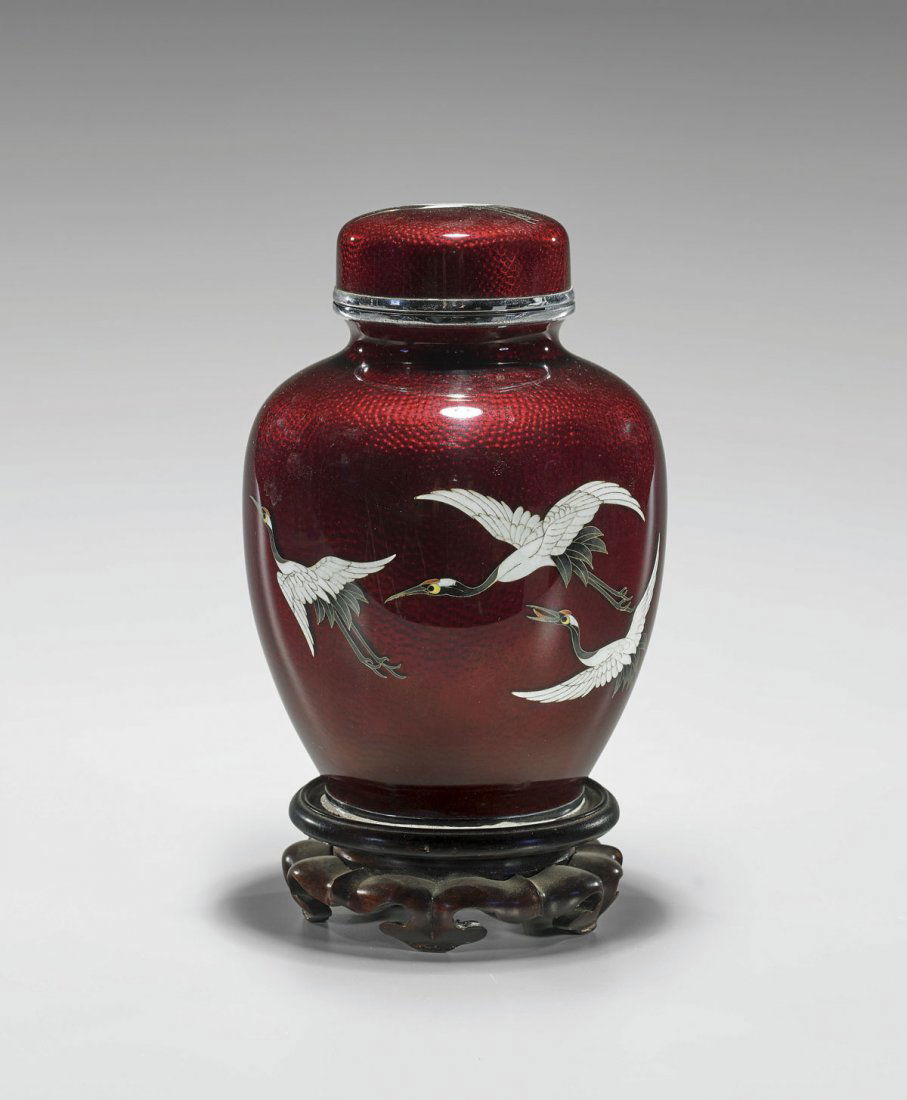 Japanese Cloisonne Enamel Covered Jar: Cranes (1 of 2)