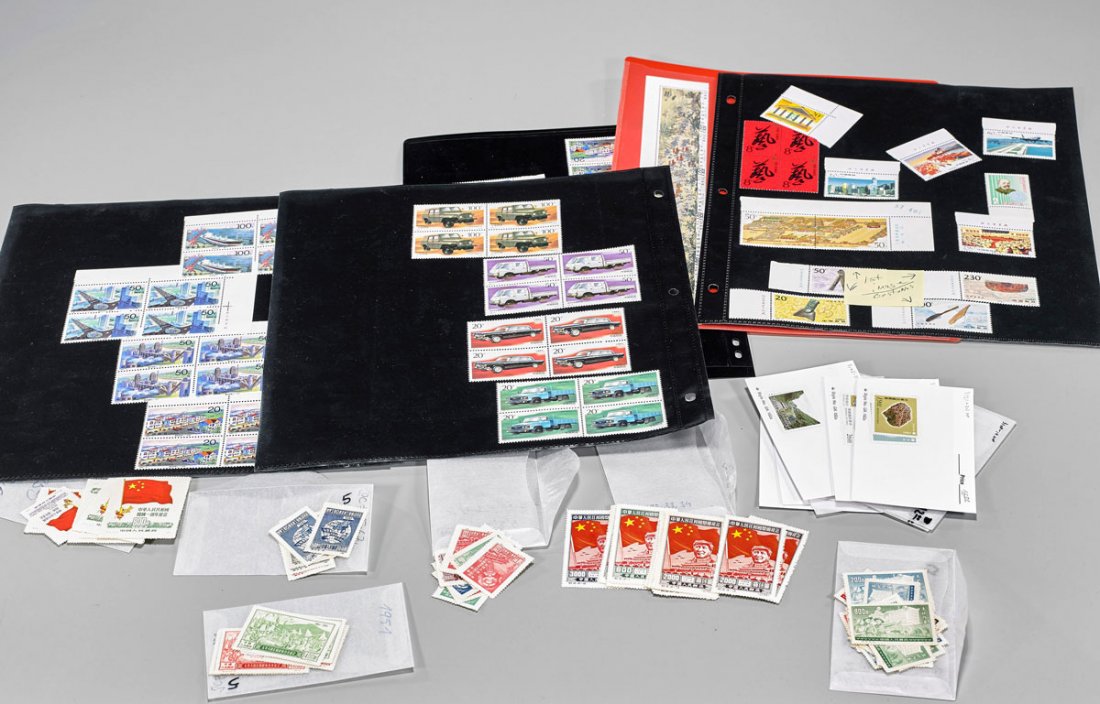 Large Group of Various Chinese Stamps: Large group of various Chinese stamps; depicting a wide array of motifs, from traditional and mythological scenes to contemporary architecture and technology; including some mint, original gum, never 