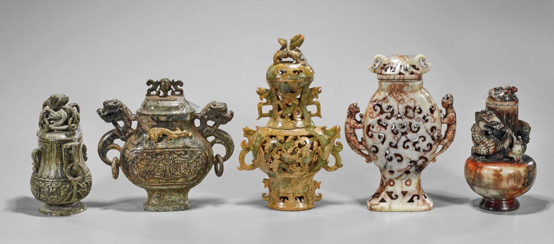 Five Archaistic Chinese Carved Urns: Lions & Dragons (1 of 1)