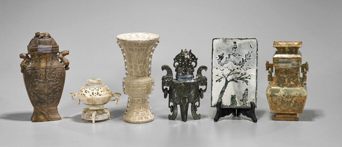 Six Archaistic Chinese Carvings: Vessels & Plaque (1 of 1)