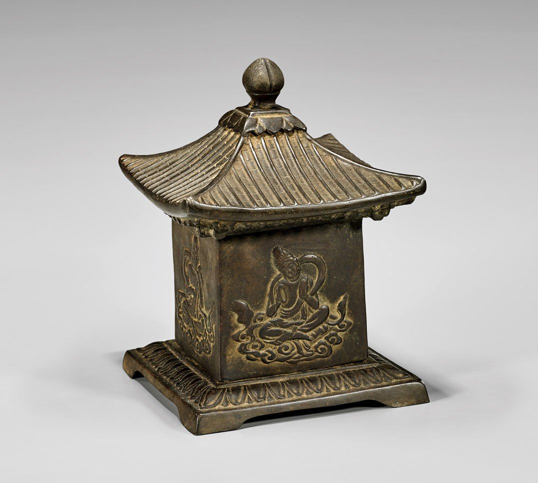 Antique Korean Joseon Dynasty Sarira Casket: Antique Korean, Joseon Dynasty, Buddhist reliquary Sarira casket; in the form of a squared form temple with curved and channeled roofing, each side with an apsara in relief; the whole lifting to revea