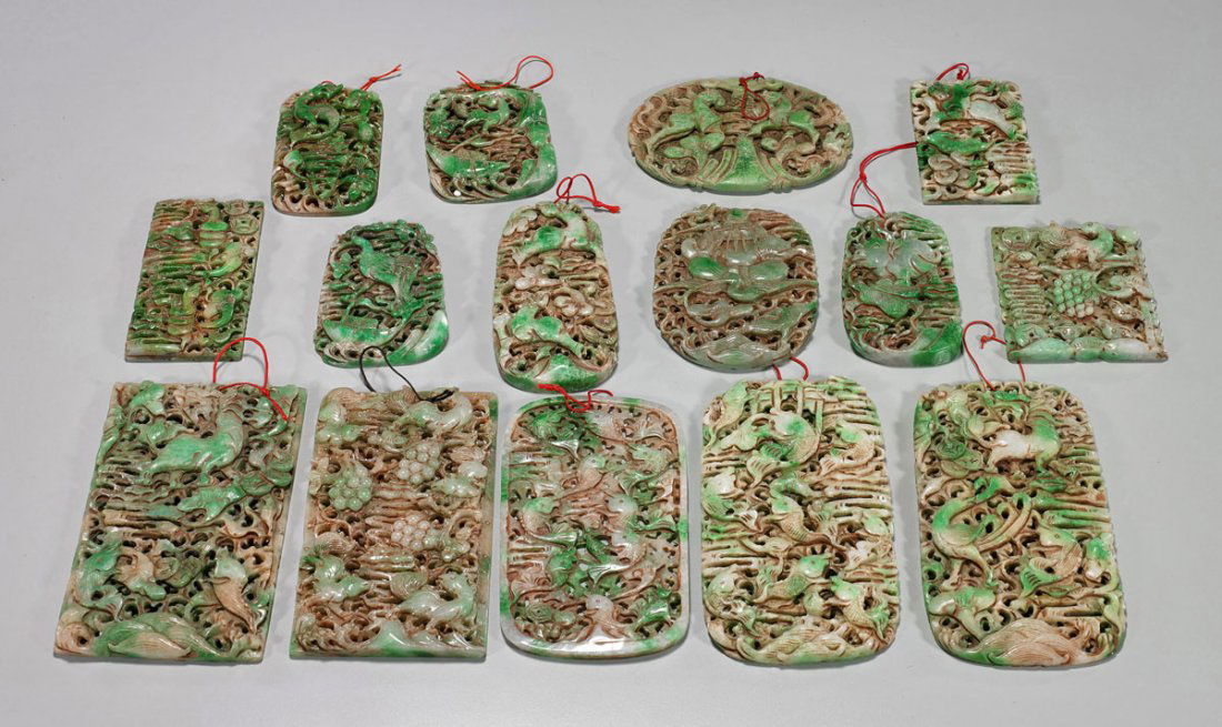 Fifteen Chinese Carved Jadeite or Hardstone Plaques (1 of 2)
