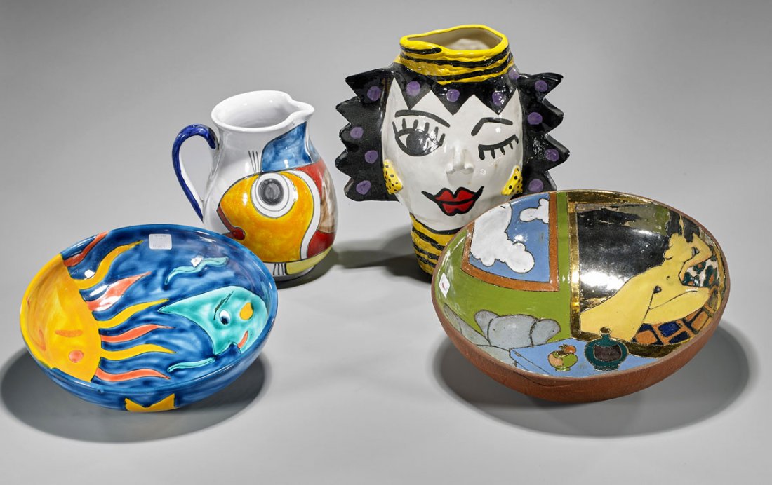 Group of Four Decorative Art Ceramics: Group of four assorted art ceramics, including: Picasso-style vase, in the form of a woman's head, signed Babroh; Italian pitcher with colorblock fish design, signed Nino Parrucca; bowl with styli