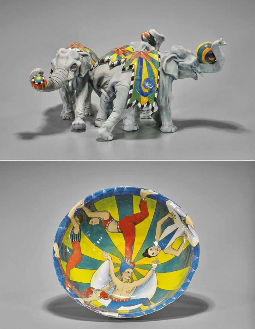 Circus-Themed Ceramic Set: Bowl & Elephant Group (1 of 2)