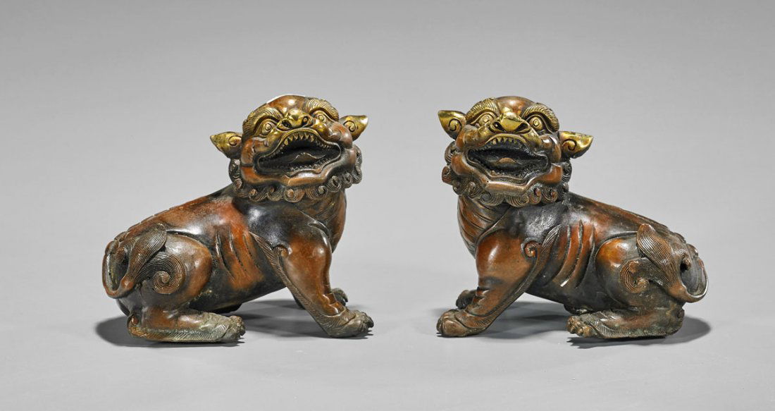 Pair Chinese Parcel Gilt Bronze Lions (1 of 2)