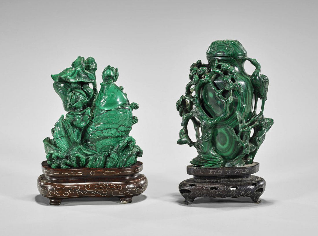 Two Old Chinese Malachite Carvings: Urn & Fish (1 of 2)