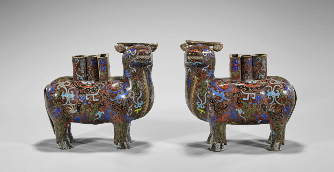 Pair Qianlong-Style Cloisonne Enamel Incense Holders: (1 of 1)