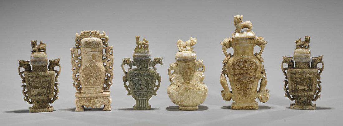 Six Archaistic Chinese Carved Hardstone Urns (1 of 1)