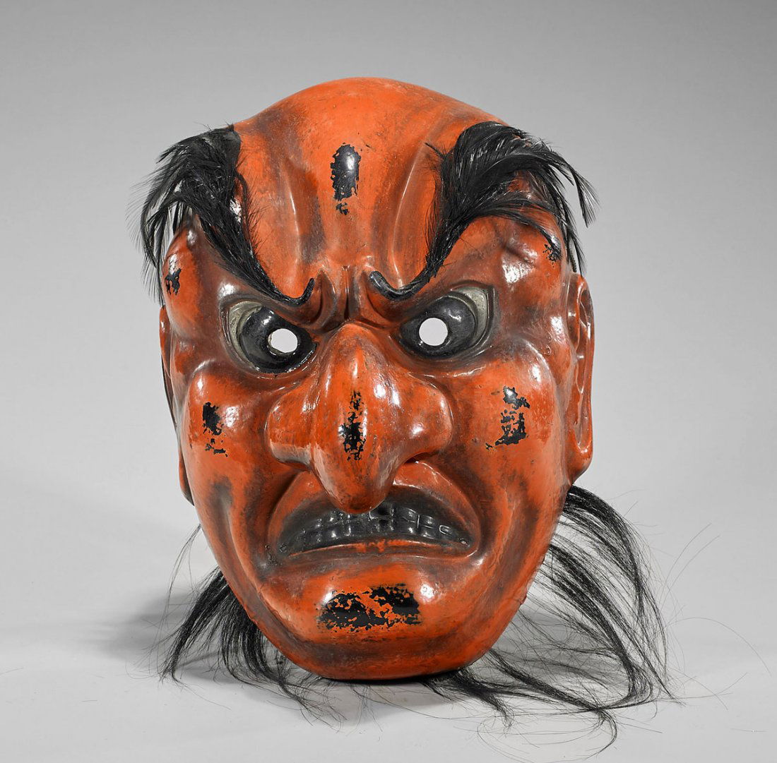 Old Japanese Lacquer on Papier-MÃ¢che Noh Mask (1 of 2)