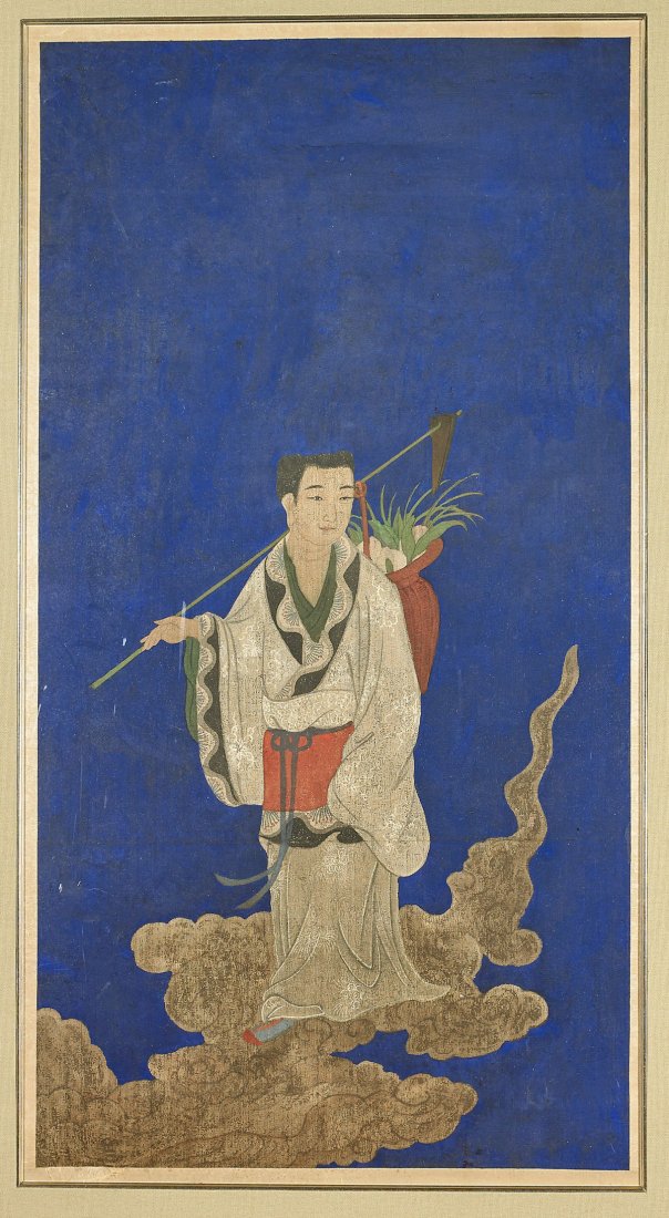 Old Japanese Painting: Immortal with Peaches: Old Japanese painting on a loose weave fabric mounted on paper (?); depicting an immortal standing in refined kimono, carrying a garden hoe over one shoulder, carrying a basket of peaches; pos