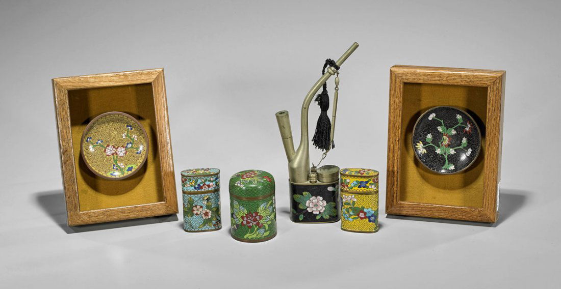 Six Old Chinese Cloisonne Enamel Pieces: Pipe, Boxes & (1 of 1)