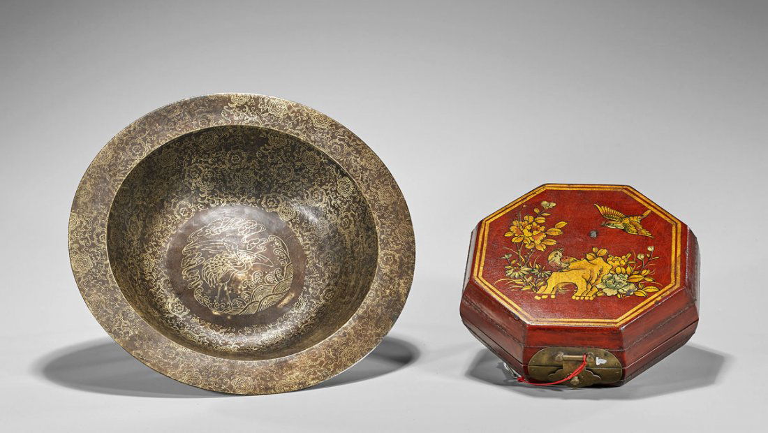 Old Chinese Bronze Bowl & Lacquer Box (1 of 2)