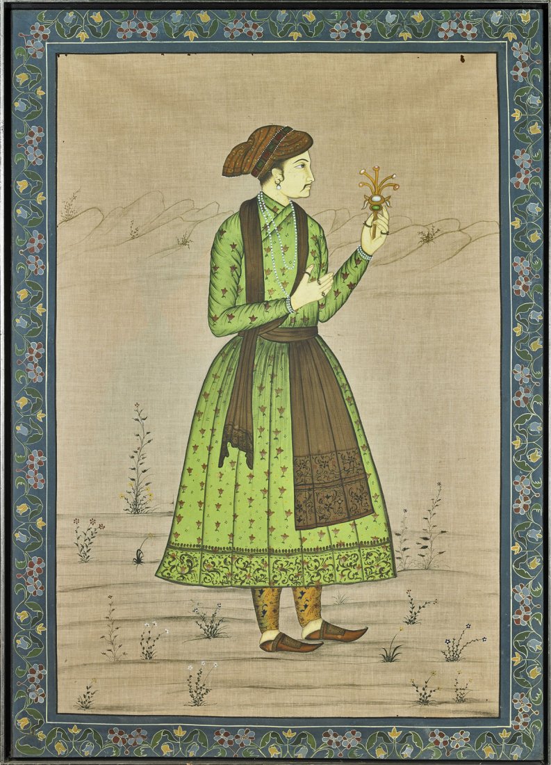 Old Indian Painting: Mughal Courtier: Old Indian painting on linen; depicting a Mughal courtier, standing turned to the left in profile, wearing nicely detailed green gown, and holding up a foliate bejeweled ornament in one hand; standing