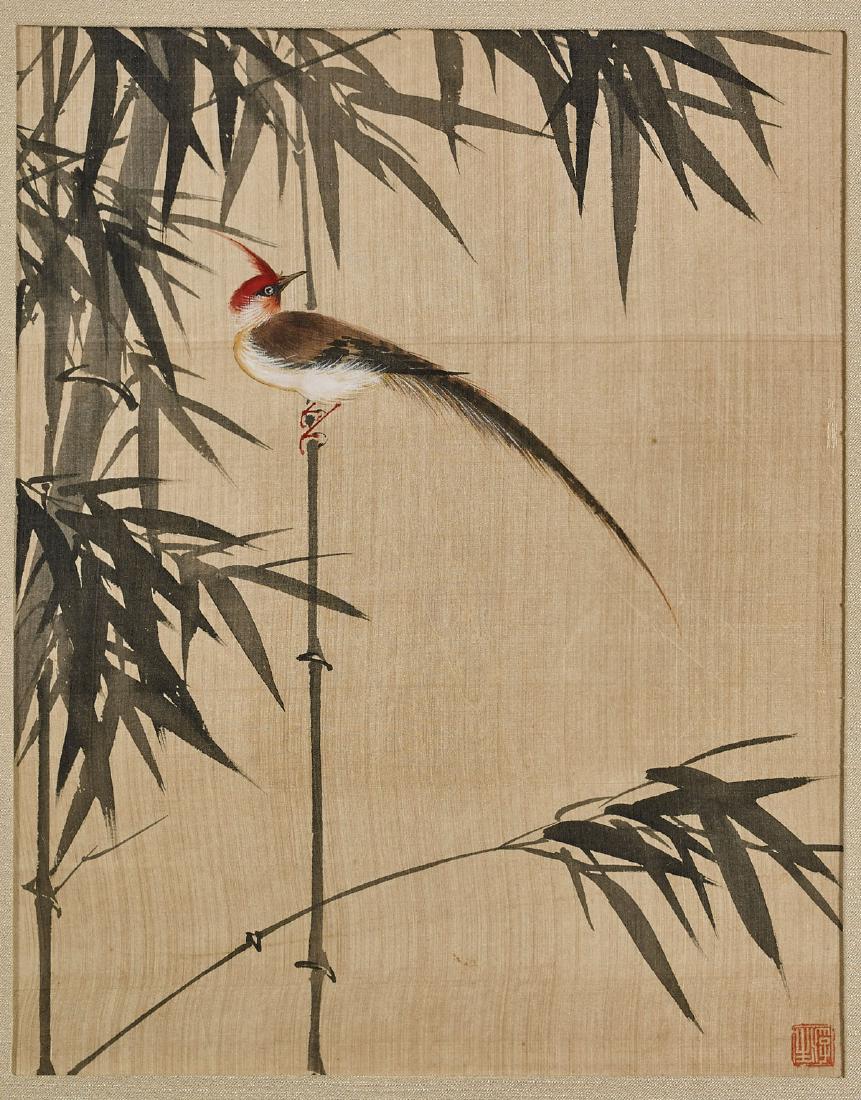Vintage Chinese Silk Painting: Bird in Bamboo (1 of 2)