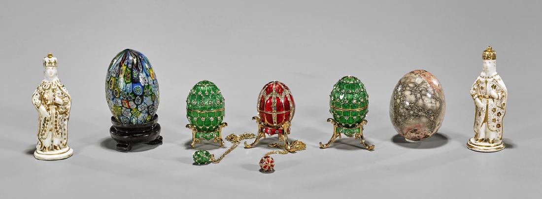 Group Glass, Stone & Enamel Eggs with Two Figurines (1 of 1)