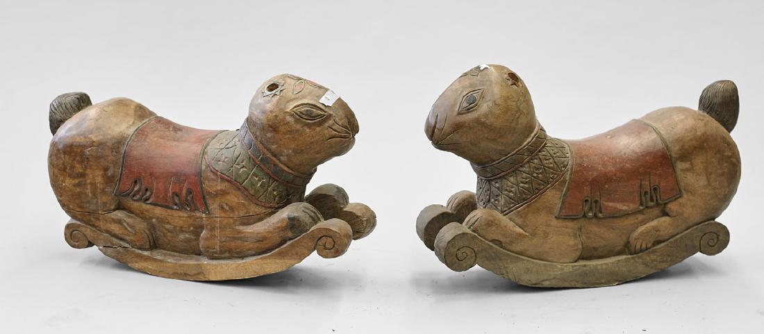 Pair Old Chinese Carved Wood Rabbit Rockers (1 of 1)