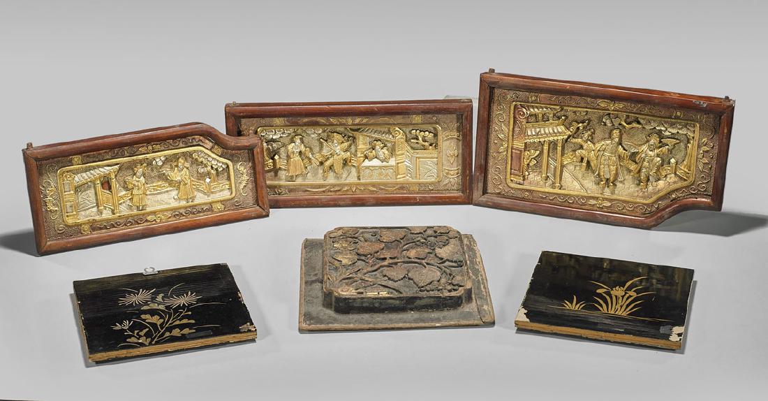 Six Old & Antique Chinese Carved Wood Panels (1 of 1)