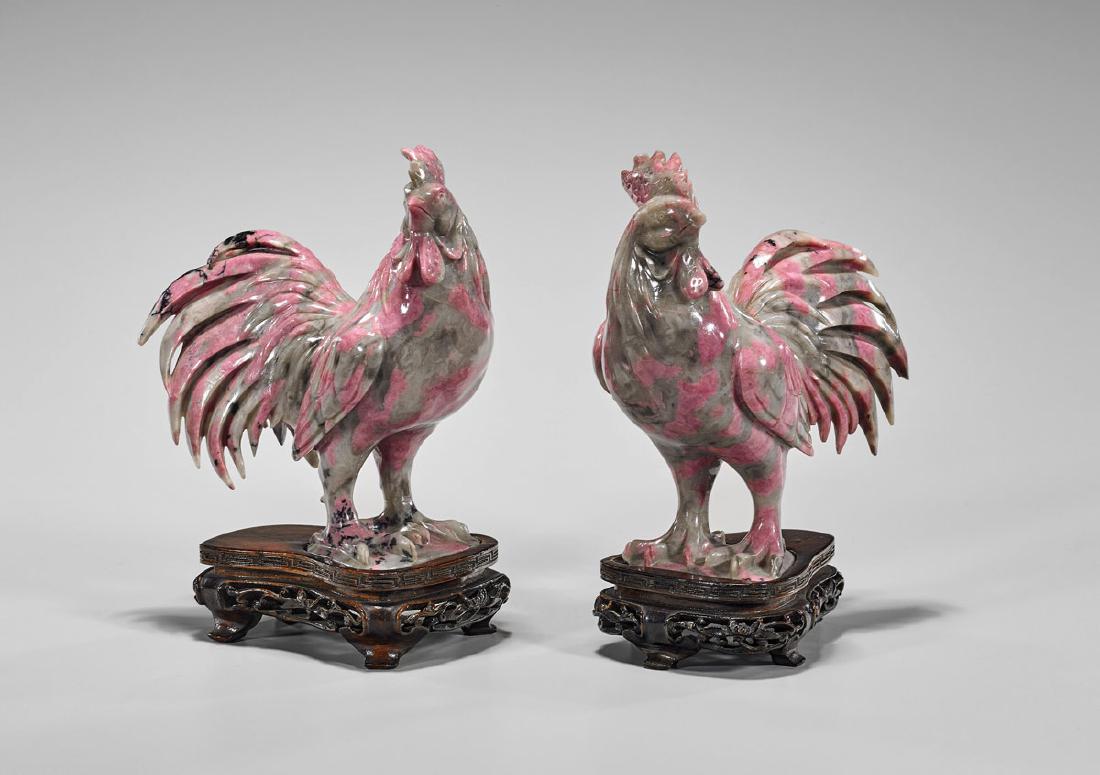 Pair Chinese Carved Rhodonite Roosters (1 of 1)