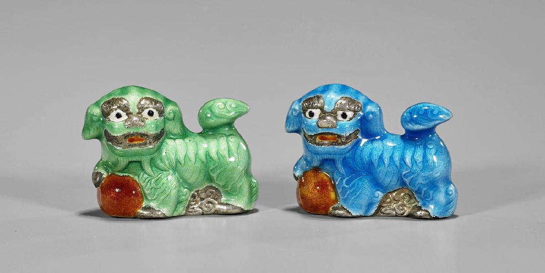 Pair Old Chinese Enameled Silver Fo Lions (1 of 1)
