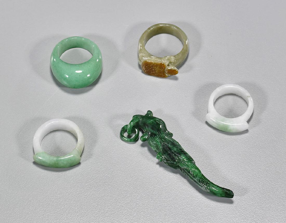 Five Chinese Carved Jade & Hardstones: Rings & Pendant (1 of 1)