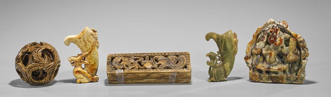 Five Various Chinese Carved Soapstone & Hardstone Items (1 of 1)