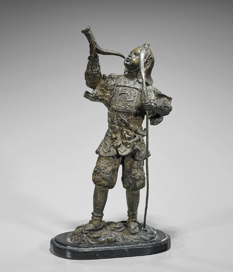 Japanese-Style Bronze Samurai: Japanese-style bronze sculpture of a standing samurai warrior blowing a horn; in elaborately detailed armor, with spear in hand; Provenance: Collection of Bob Turner; H: 18 3/4"