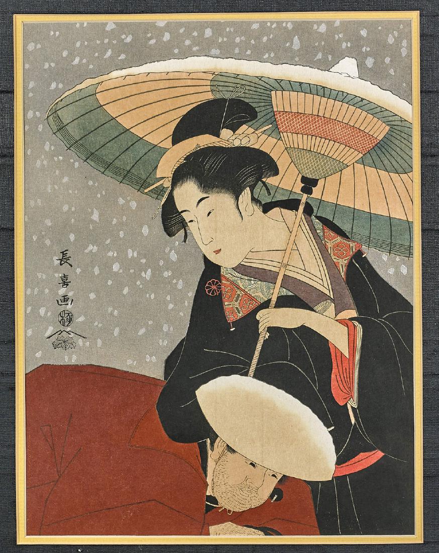 Three Japanese Woodblock Prints: Three Japanese woodblock prints, including: Kinryusan temple in the snow, after Utagawa Hiroshige; woman blowing on glass pipe, after Kitagawa Utamaro; together with woman sheltering a crouching man w
