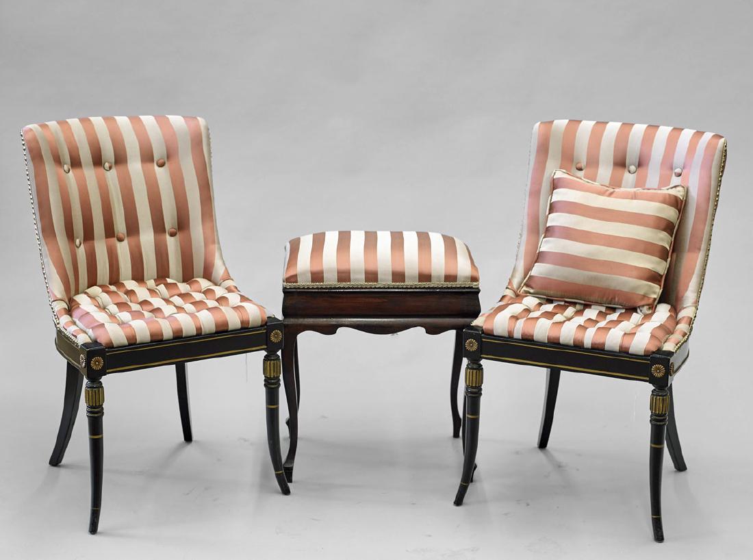 Pair Pink Striped Chairs & Matching Seat (1 of 1)