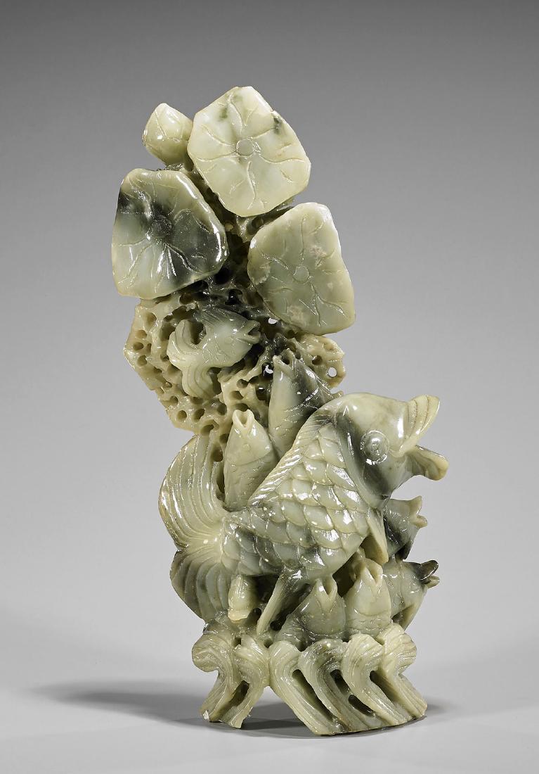 Large Chinese Carved Soapstone Fish & Lotus Group (1 of 1)