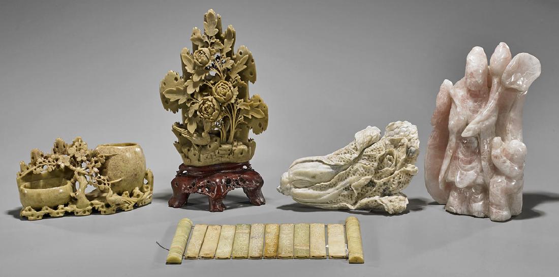 Five Various Chinese Carvings: Rose Quartz, Soapstone & (1 of 1)
