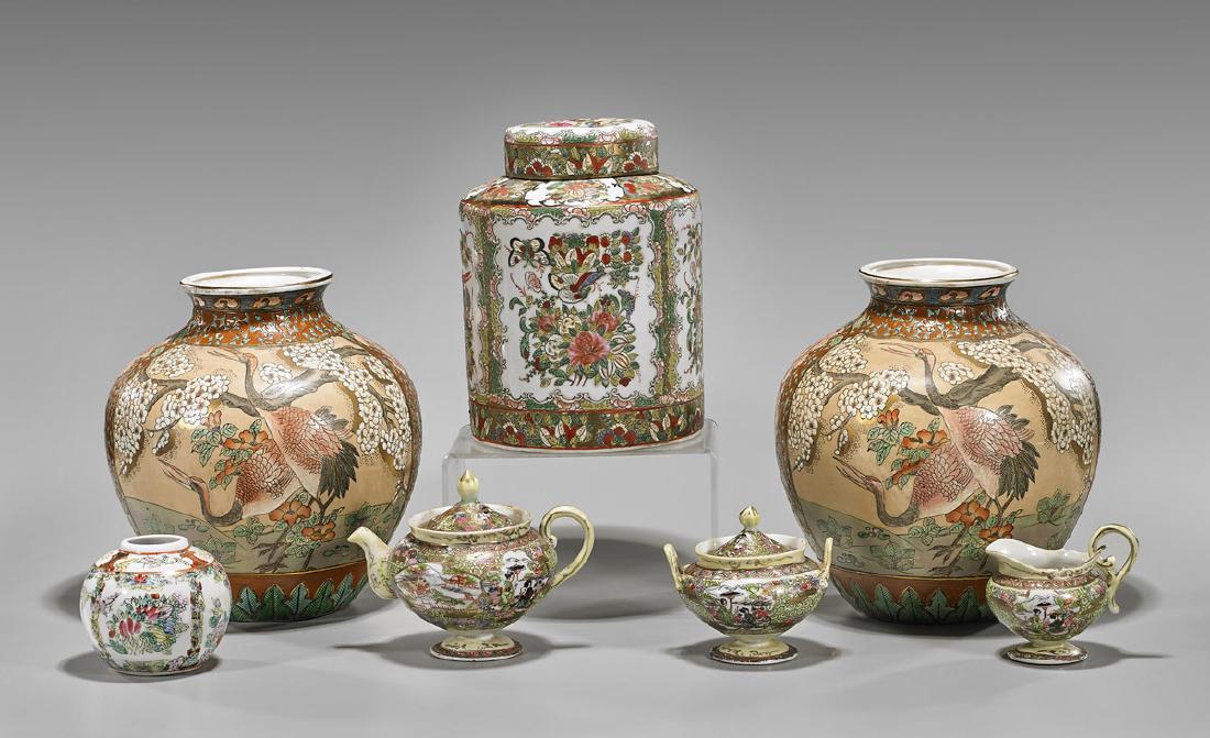 Seven Old Chinese Porcelains: Seven old Chinese porcelains, including: two globular jars with gilt enameled crane panels on a scrolling floral-patterned ground, seal marks to base; Rose Medallion covered jar; small bulbous jar; to
