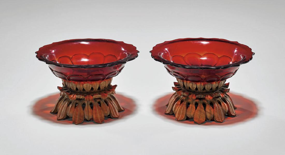 PAIR ANTIQUE RED BEIJING GLASS BOWLS (1 of 2)