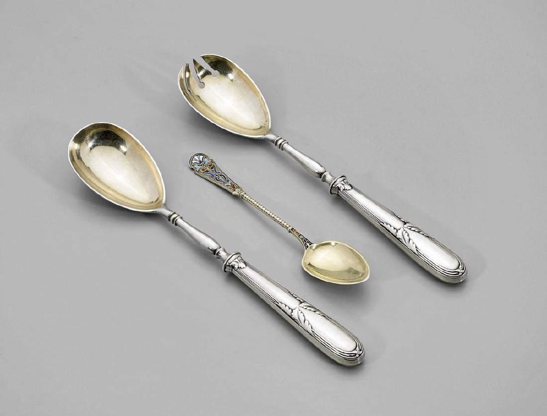 RUSSIAN STERLING FLATWARE: Pair Servers & Enameled (1 of 5)
