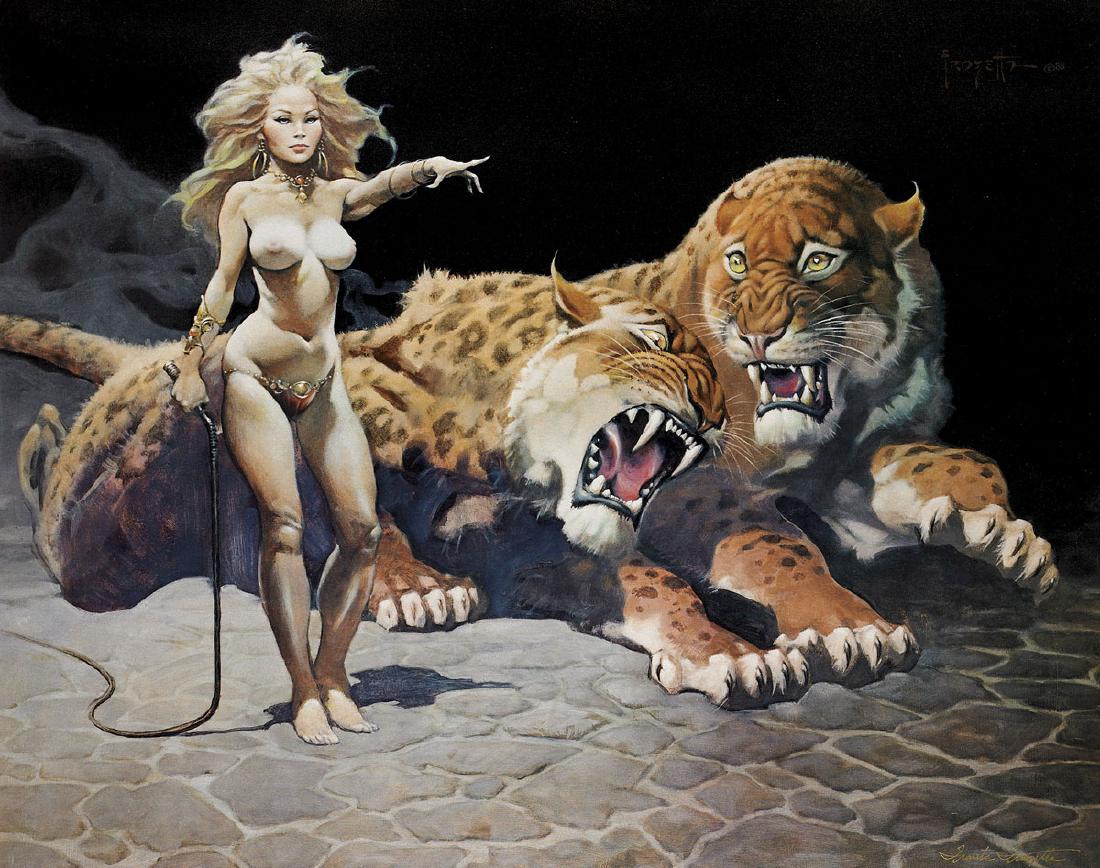OFFSET LITHOGRAPH BY FRANK FRAZETTA: The Countess: Offset lithograph on silk by Frank Frazetta (1928-2010); depicting a scene from L. Ron Hubbard's Mission Earth, entitled 'The Countess', depicting a nude warrior-type woman holding
