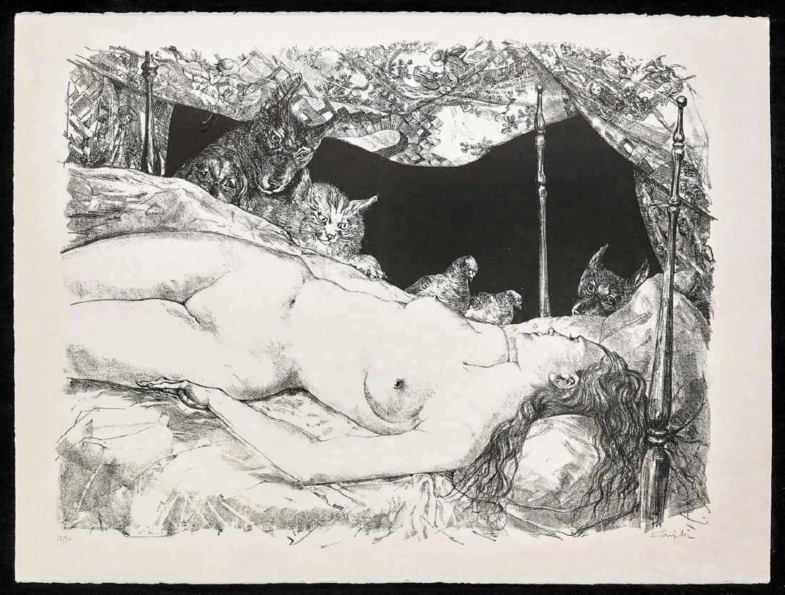 LEONARD TSUGUHARU FOUJITA LITHOGRAPH: Le Reve: Black and white lithograph by Leonard Tsuguharu Foujita (French/Japanese, 1886-1968); entitled "Le Reve", depicting a sleeping nude woman in a canopied bed, with dogs, pigeons, and a c