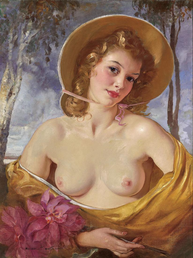 OIL PAINTING BY MARIA SZANTHO: Oil on canvas painting by Maria Szantho (Hungarian, 1897-1997); depicting a parcel-nude portrait of a bonneted maiden with exposed bosom, flowers, and gathered dress; against trees in the back