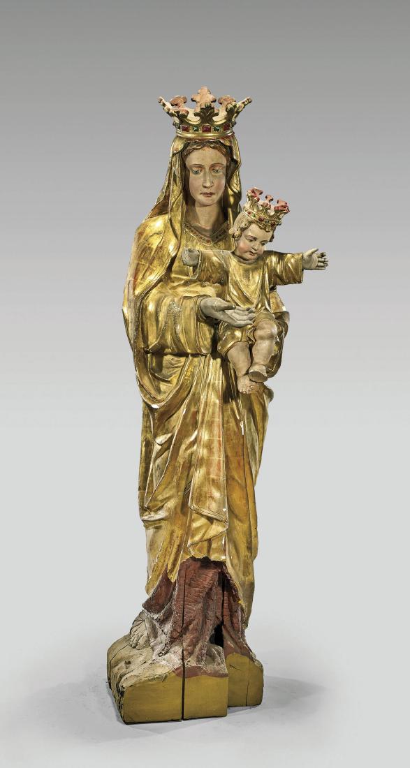 ANTIQUE GILT WOOD & PLASTER STATUE: Virgin & Child: Massive, larger-than-life size, antique gilt wood and probably plaster religious statue; depicting the Virgin and Child, dressed in gathered robes with matching crowns upon their heads; Provenance: Fr