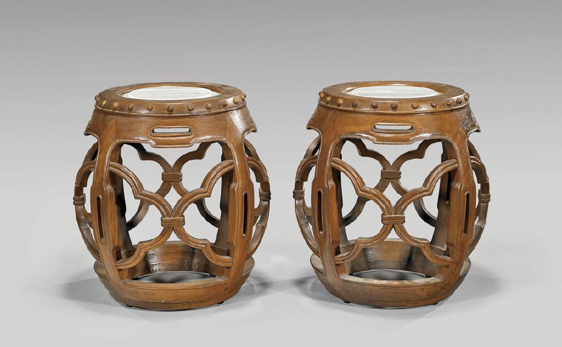 PAIR CHINESE MARBLE-INSET WOOD GARDEN STOOLS (1 of 1)