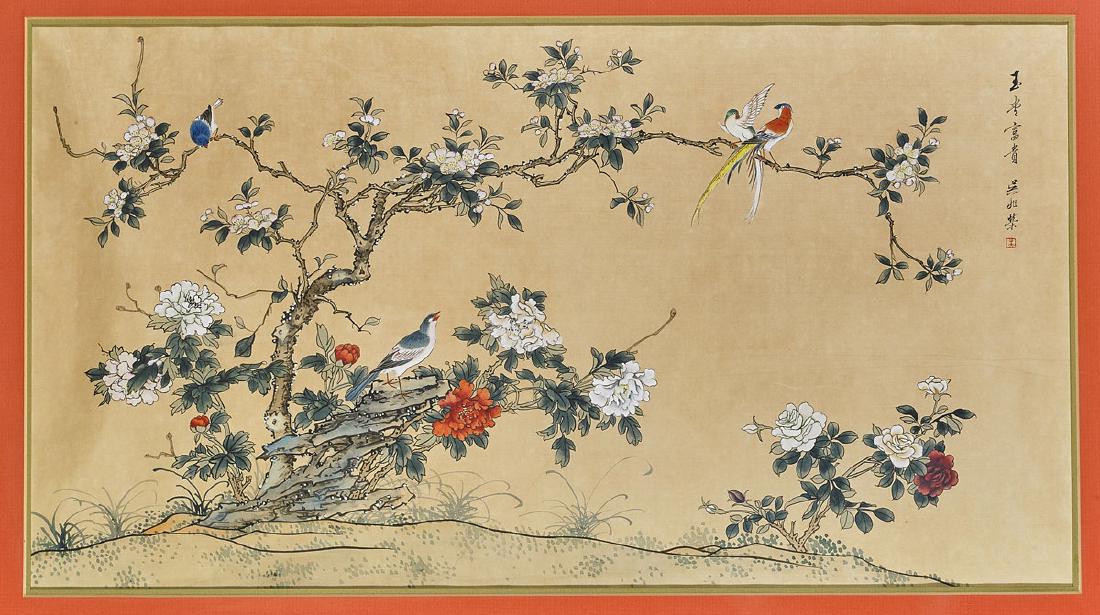 Pair Chinese Paintings on Silk: Birds & Flowers (1 of 4)