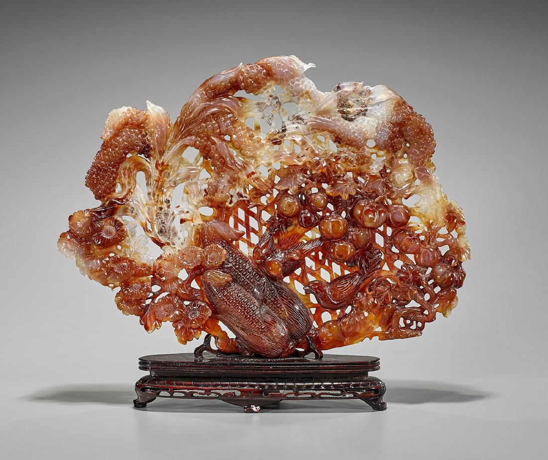 Large Carved Carnelian Agate Group: Birds, Fruit & (1 of 1)