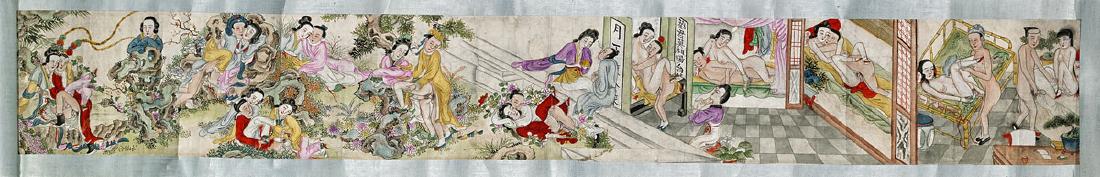 Old Chinese Handscroll: Erotic Scenes: Old Chinese ink and color on paper handscroll; depicting couples engaged in various erotic scenes; 7" x 51" (approx.)