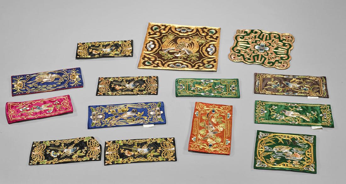 Group of Fourteen Chinese Embroideries: Group of 14 Chinese embroideries; of varying forms, with satin stitch and couched gilt detailing; showing bird and flower motifs; 8" x 8" (largest)