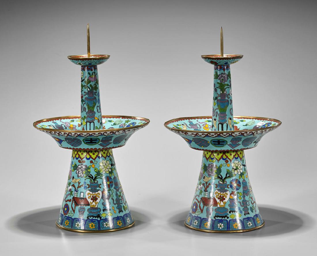 Pair Old Cloisonne Enamel Candlesticks (1 of 1)